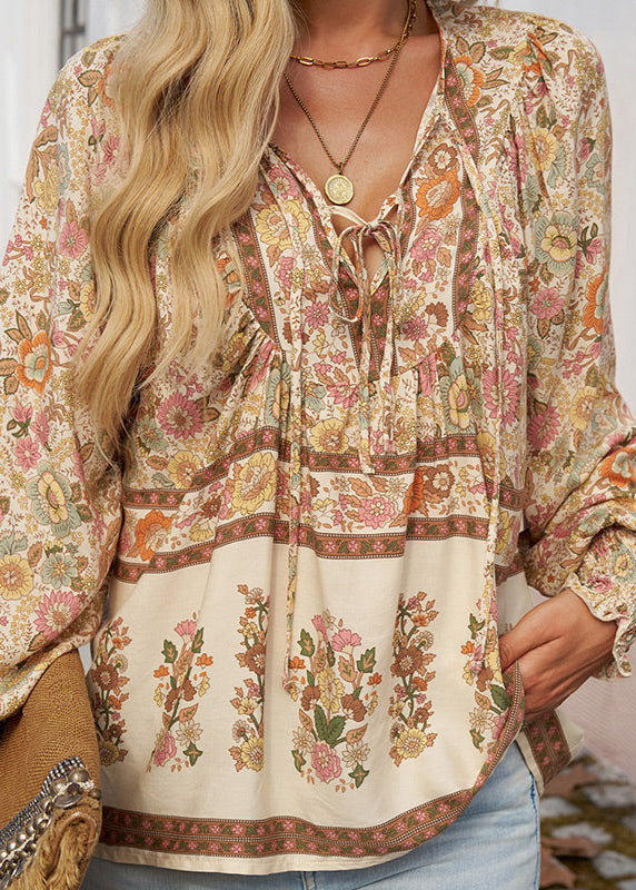 Blusa Floral de Manga Comprida com Laço no Decote