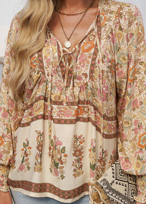Blusa Floral de Manga Comprida com Laço no Decote