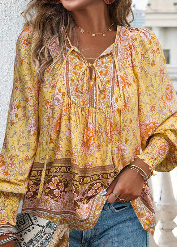 Blusa Floral de Manga Comprida com Laço no Decote