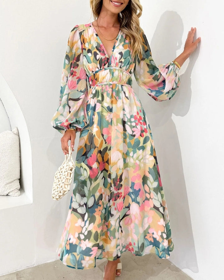 Liria - Vestido Maxi Floral com Mangas Compridas e Decote em V